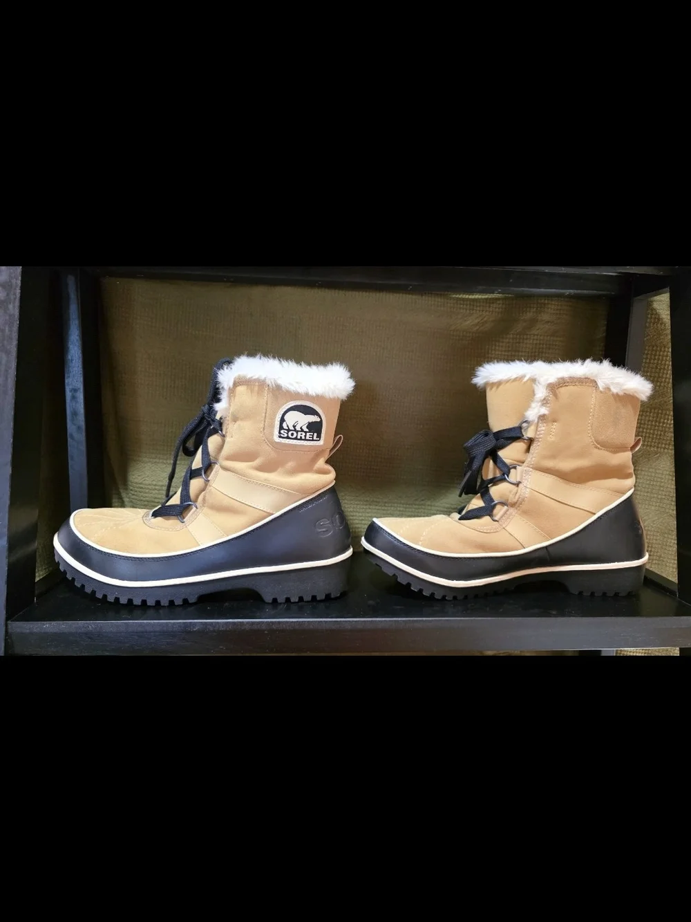 Sorel Tan & Black Lace-Up Winter Boots with Faux Fur Cuff